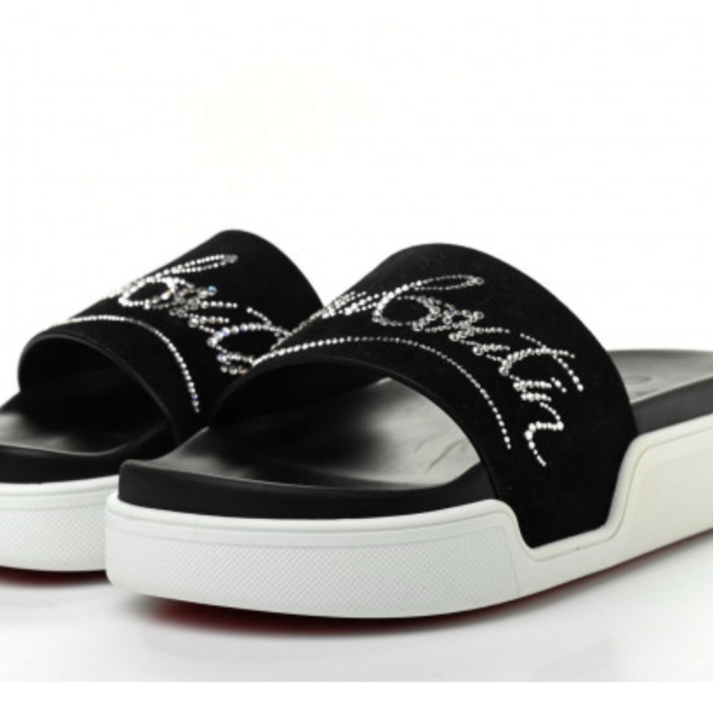 Christian Louboutin Veau Velours Dear Pool Platform Slide Sandals Black 39 EUC